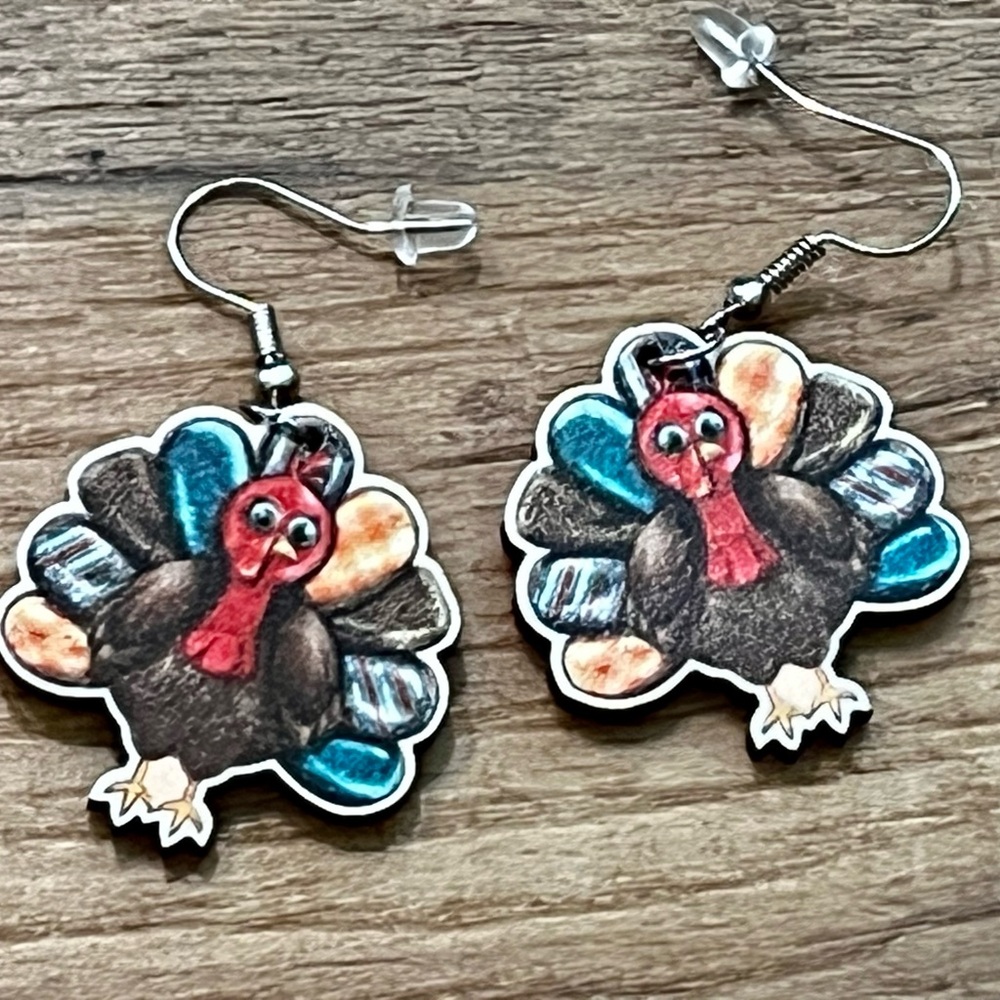 Wooden Turkey Earrings Thanksgiving